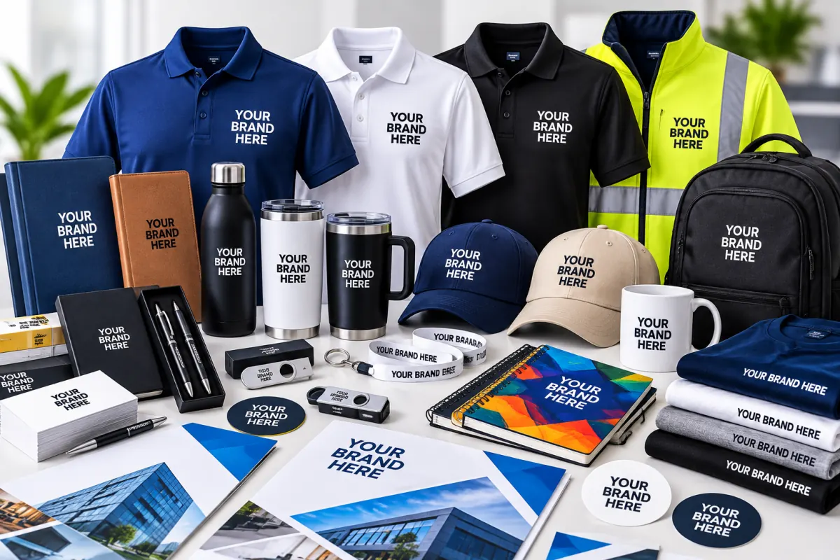 Branded shirts, caps, drinkware, notebooks and signage