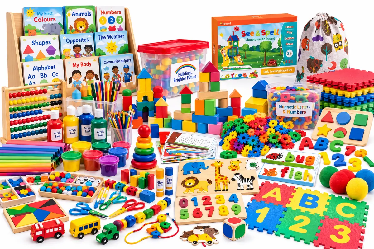 Early learning toolkit with blocks, puzzles, an abacus, picture books and foam mats