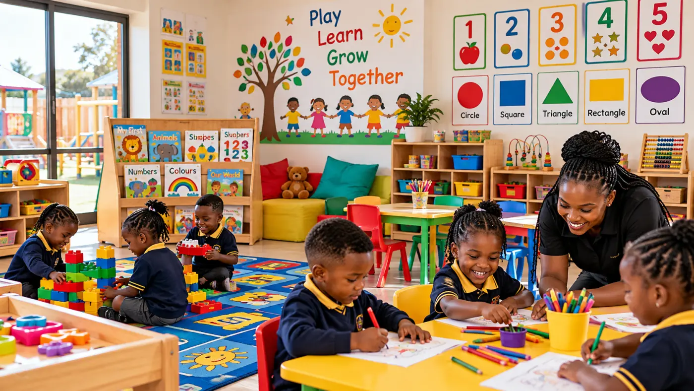 Young children drawing and building with blocks in an early childhood development classroom
