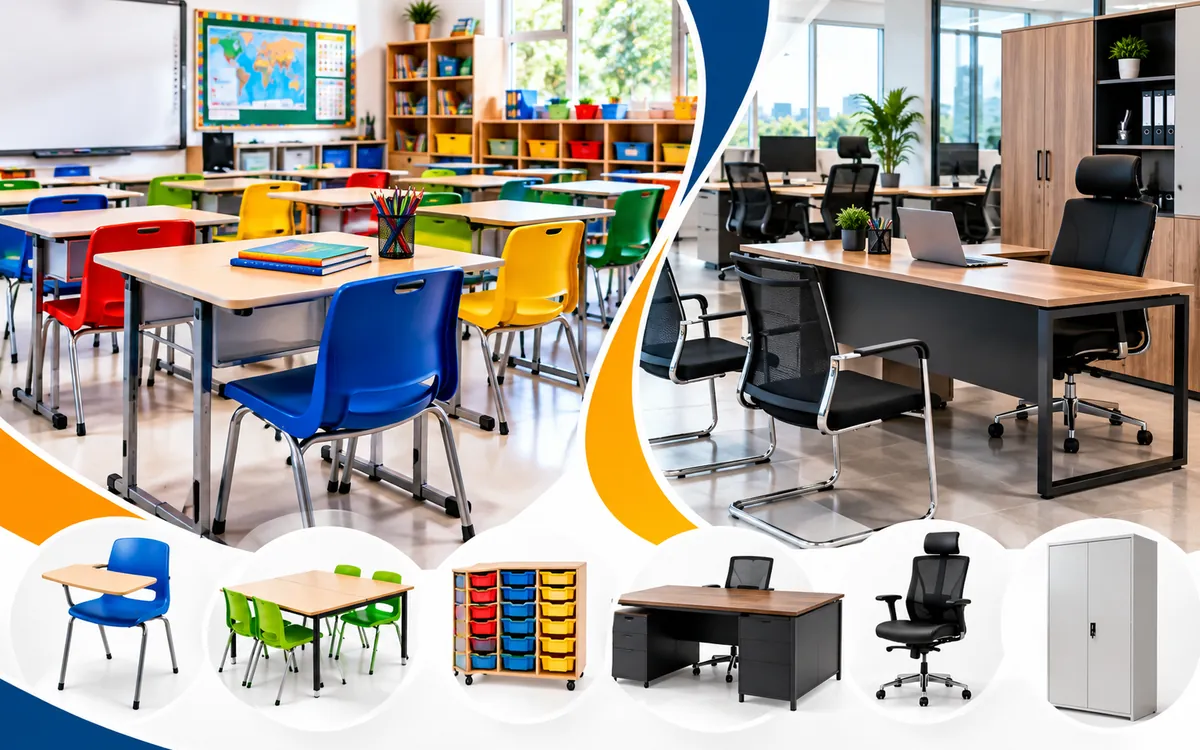 A classroom of learner desks and chairs beside an office of workstations and mesh chairs, with storage units and cabinets