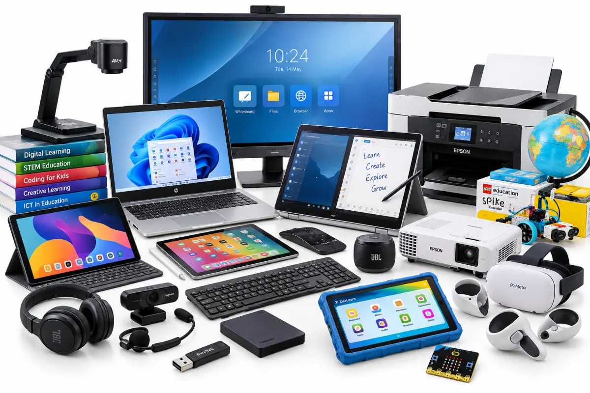 Interactive display, laptops, tablets, a printer, projector and accessories