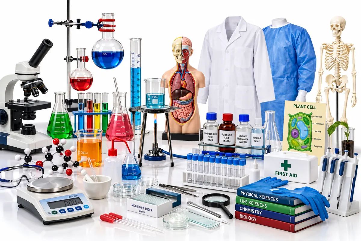 Microscope, glassware, lab coats, anatomy models and science kits