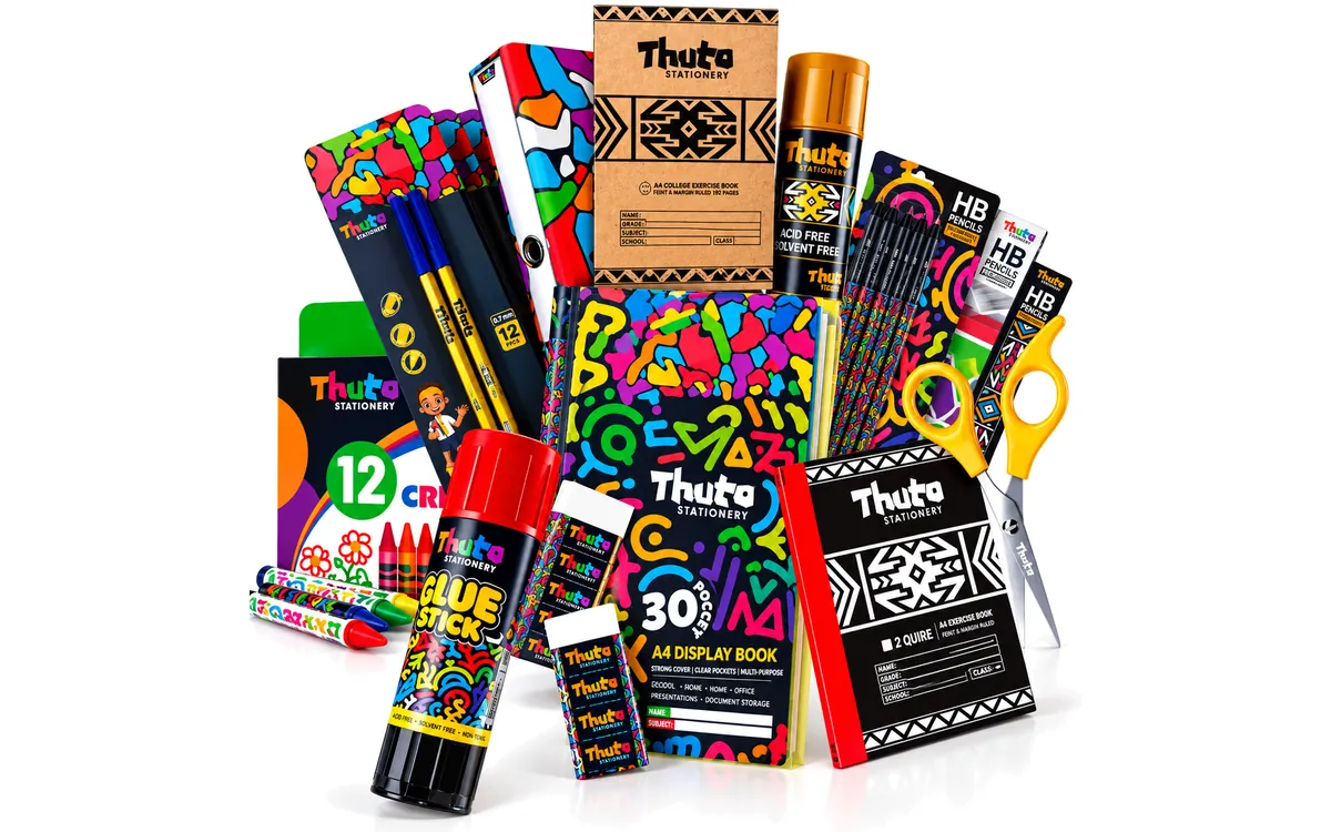 Thuto Stationery exercise books, display book, lever-arch file, HB pencils, crayons, glue stick and scissors