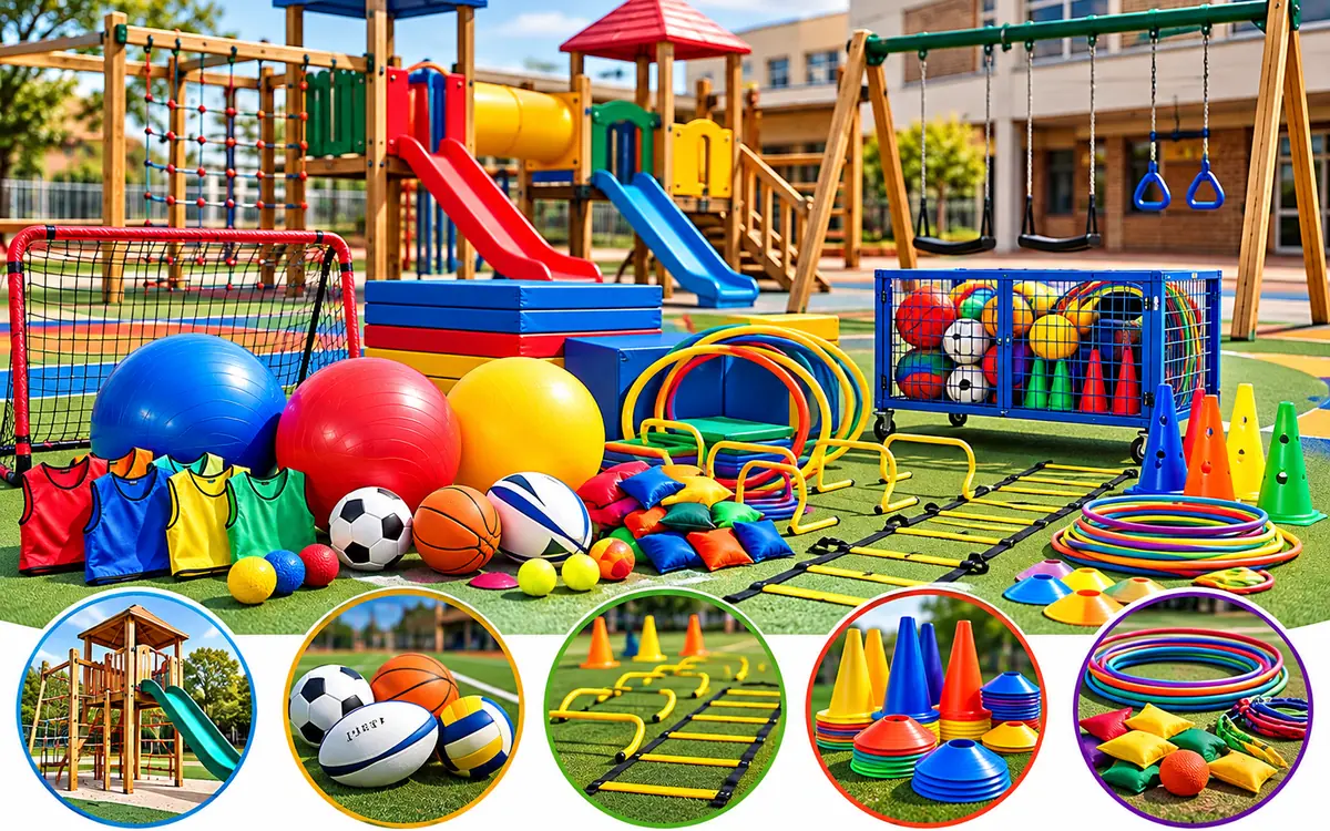 School playground with slides and swings, plus balls, team bibs, cones, hoops and agility ladders