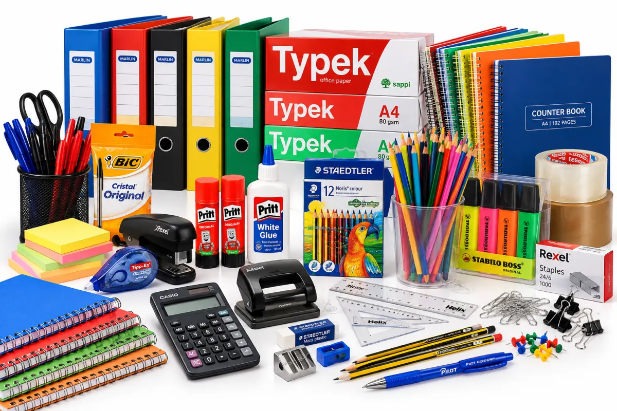 Lever-arch files, copy paper, glue, pens, a calculator and desk consumables