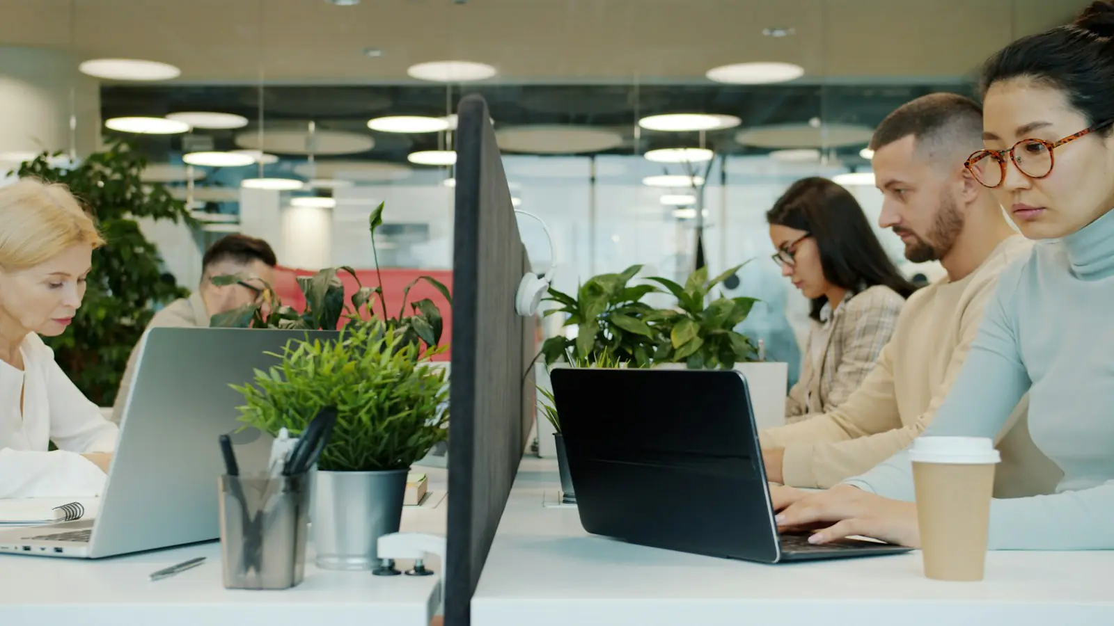 Colleagues working at laptops in an open-plan office