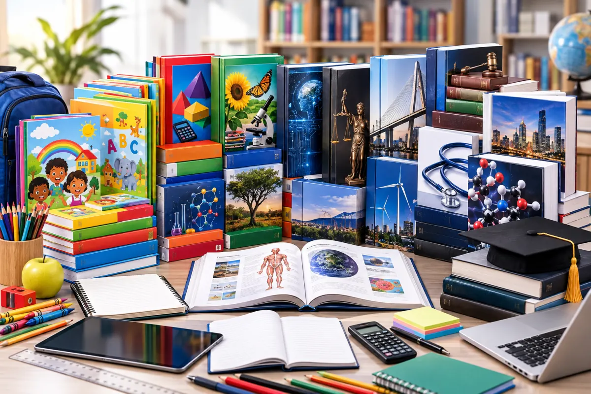 School readers, reference books and textbooks with a tablet and stationery
